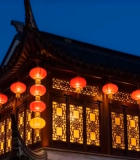 中式古建筑挂红灯笼夜景2873#横屏 