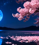 月夜下盛开的樱花湖景1126#横屏 