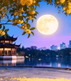 月夜古风亭台桂花飘落场景2277#横屏 