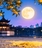月夜古风亭台桂花飘落场景2277#横屏 