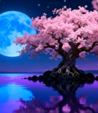 月夜下湖边盛开的樱花树932#横屏 