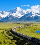 草原雪山旁行驶的火车3461#横屏 