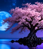 月夜下的粉色樱花树景观2895#横屏 