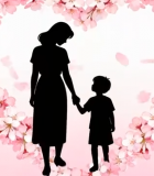 樱花心形中母子牵手剪影素材2577#横屏 