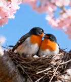 樱花树下鸟巢中的两只小鸟6#横屏 
