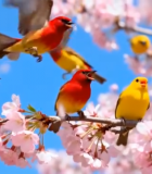 樱花树枝上多彩小鸟素材897#横屏 