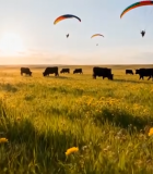 草原上滑翔伞飞行与牛群7121#横屏 