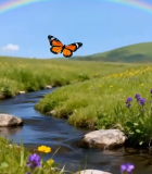 草地小溪上的蝴蝶与彩虹8213#横屏 