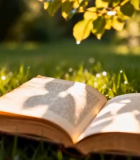 草地上翻开的书籍特写14882#横屏 