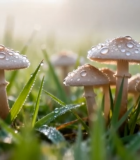 草地上带露珠的蘑菇特写14726#横屏 