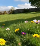 草地野花与石墙风景5851#横屏 