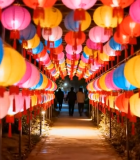 彩色灯笼装饰的夜间行人小道10463#横屏 