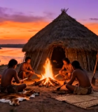 部落人群围篝火而坐场景9007#横屏 