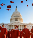 毕业生在国会大厦前抛学士帽11498#横屏 