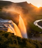 冰岛日落时分瀑布自然风光10250#横屏 