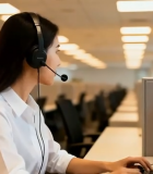 办公室女性戴耳机操作电脑1357#横屏 