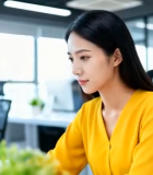 办公室女性专注使用电脑工作5344#横屏 