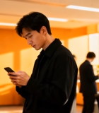 办公室内男士低头看手机素材7630#横屏 