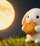 白兔手持月饼与圆月画面14279#横屏 