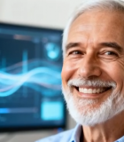 白发男子微笑面对电脑屏幕2885#横屏 