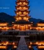  夜景中式古塔与水中倒影6217#竖屏 	 