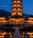  夜景中式古塔与水中倒影6217#竖屏 	 