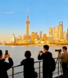  游客外滩拍摄东方明珠景观7509#竖屏 	 