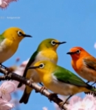  樱花树枝上的多彩小鸟7158#竖屏 	 