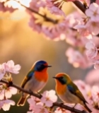  樱花树枝上的彩色小鸟(1)4003#竖屏 	 