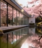  樱花环绕的现代建筑景观3041#竖屏 	 