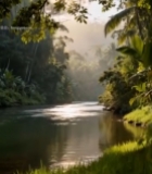  阳光照耀下的森林河流风光5035#竖屏 	 