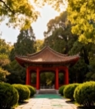  阳光下的中式凉亭与绿植景观4347#竖屏 	 