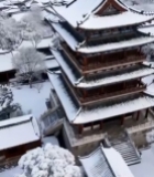  雪中古建筑鸟瞰全景3707#竖屏 	 