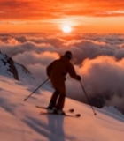  雪山上滑雪者日出时滑雪画面4051#竖屏 	 