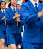  学生列队举彩旗行进2783#竖屏 	 