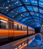  星空顶车站内行驶的橙色火车7320#竖屏 	 