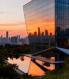  现代玻璃幕墙写字楼日落景观2690#竖屏 	 