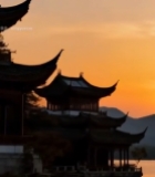 西湖畔古建筑日落景色5261#竖屏 	 