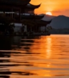  西湖畔古建筑日落景观4847#竖屏 	 