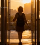  夕阳下女孩背背包走出玻璃门1765#竖屏 	 