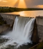  夕阳下水库大坝水流倾泻画面298#竖屏 	 