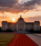  夕阳下跑道与欧式建筑景观4#竖屏 	 