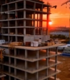  夕阳下建筑工地工人作业场景4071#竖屏 	 