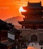  夕阳下的古风楼阁与行人5211#竖屏 	 