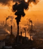  夕阳下工厂烟囱浓烟排放7826#竖屏 	 