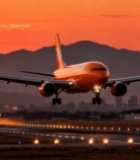  夕阳下飞机降落机场跑道3746#竖屏 	 