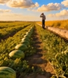  田野瓜农眺望西瓜田4961#竖屏 	 