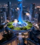  未来城市夜景与飞行汽车景观6280#竖屏 	 