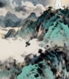  水墨风格山间宝塔风景素材3117#竖屏 	 