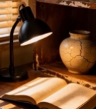  书架旁台灯下翻开的书籍1088#竖屏 	 